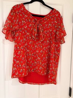 Pleione Red Floral Tie-Front Ruffle Sleeve Blouse